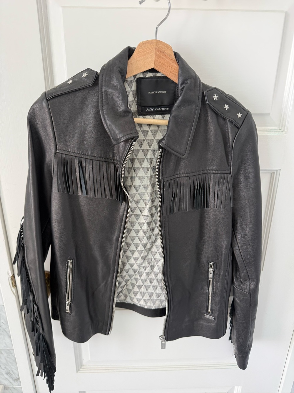 Scotch & Soda Black Leather Fringe Moto Jacket with Star Epaulets
